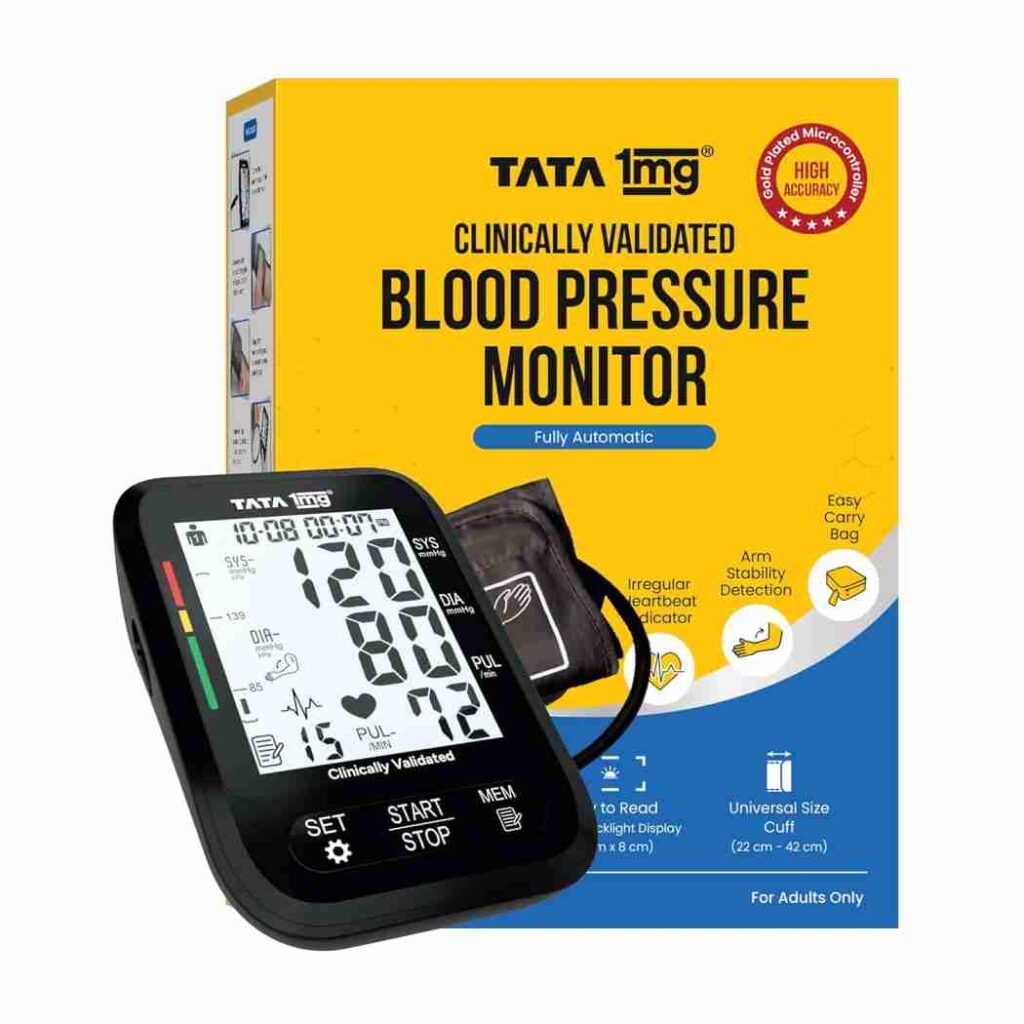 Tata 1mg Clinically Validated Blood Pressure Monitor Gold Plated Microcontroller for High Precision Arm Movement Detection Technology Dual Power Option - USB Type C AA Battery
